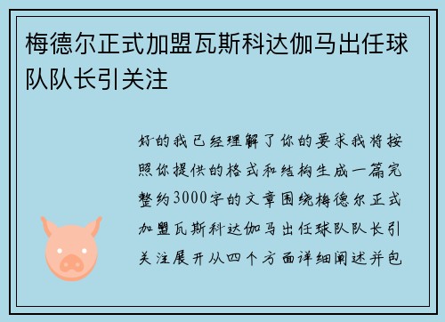 梅德尔正式加盟瓦斯科达伽马出任球队队长引关注